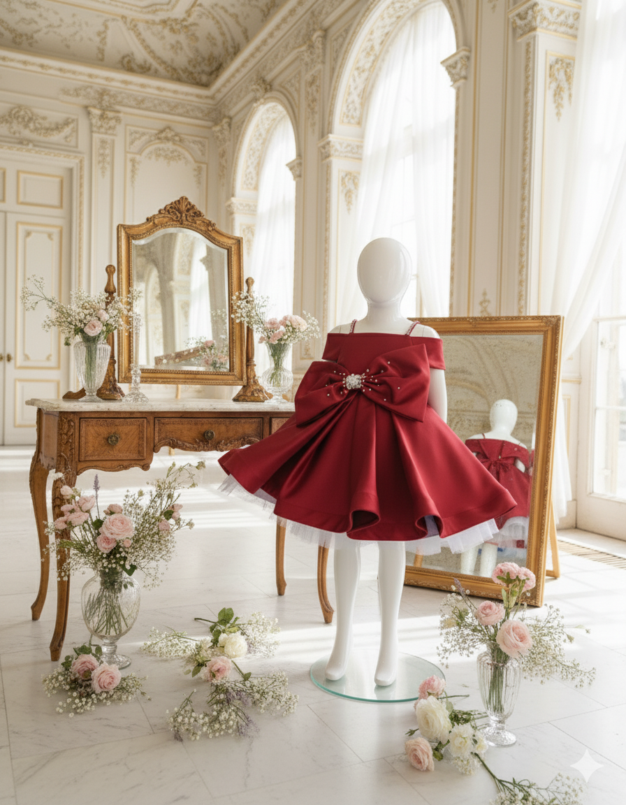 Iona Midi Length Bow Kids Gown with Pearls