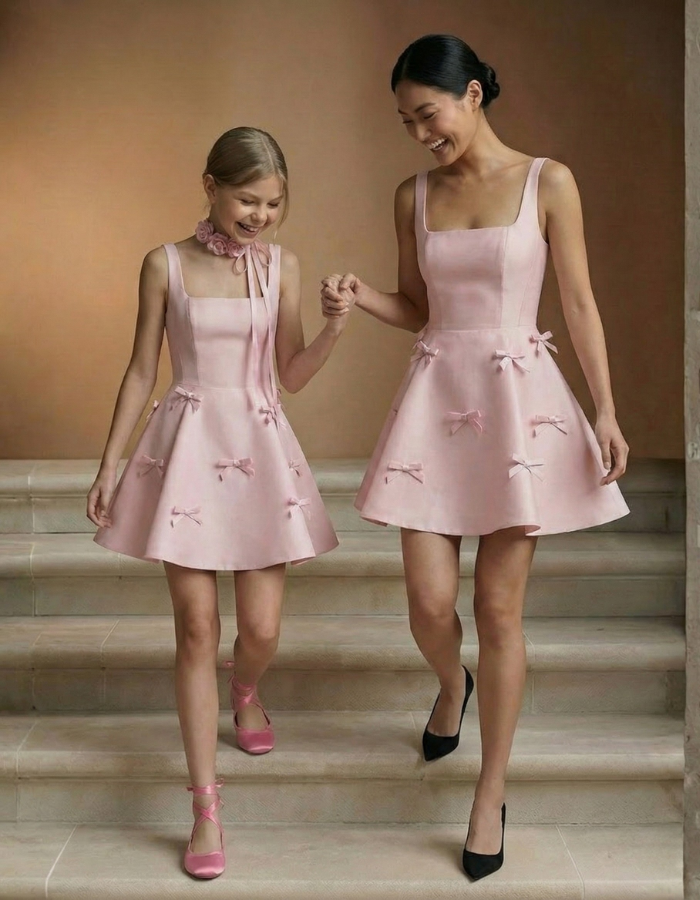 Nadine Square Neck with Sweet Bows Elegant Mini Dress For Ladies to Women