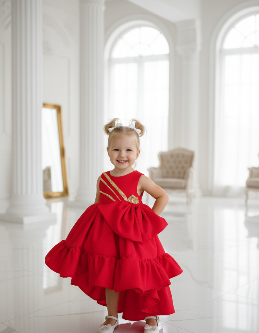 Safira Ruffle Bow Kids Dress In Red