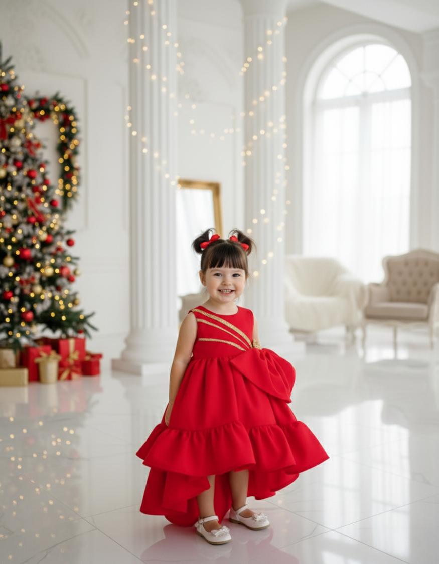 Safira Ruffle Bow Kids Dress In Red
