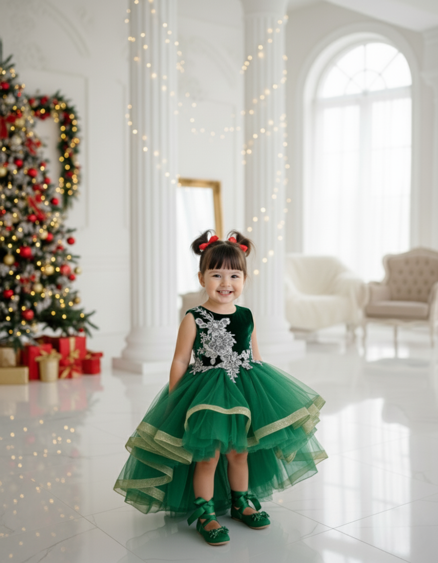 Marionne Green Velvet Kids Tulle Dress Gown