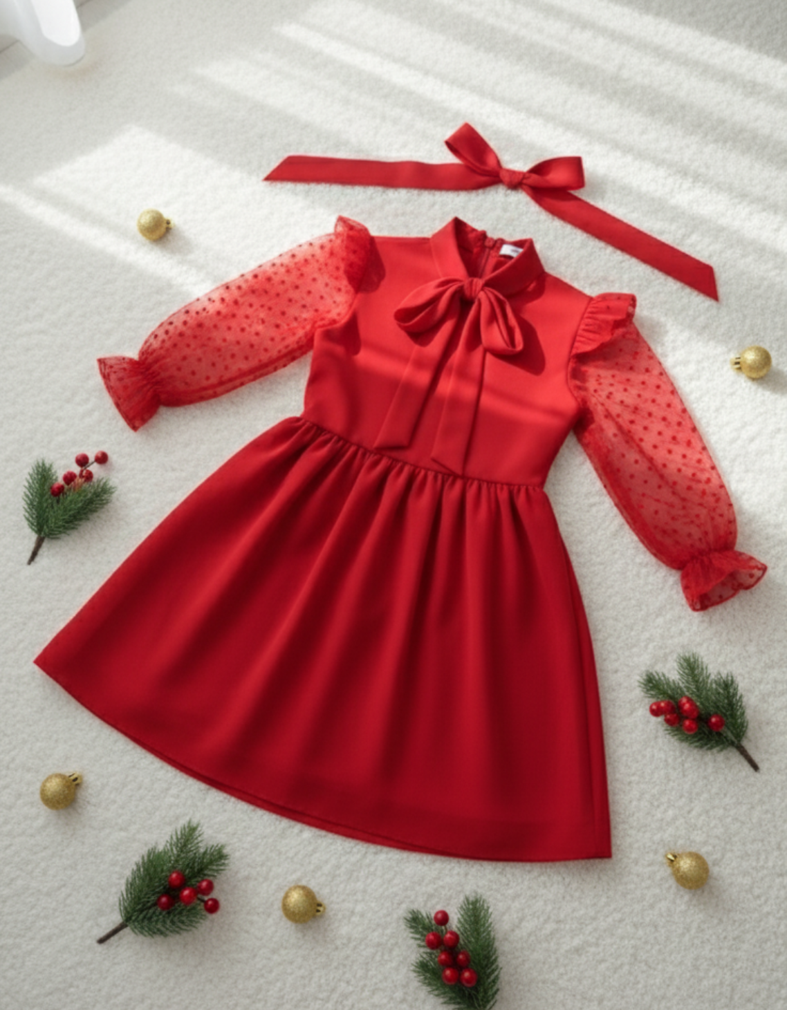 Meghan Longsleeve Bow Detail Kids & Ladies Dress