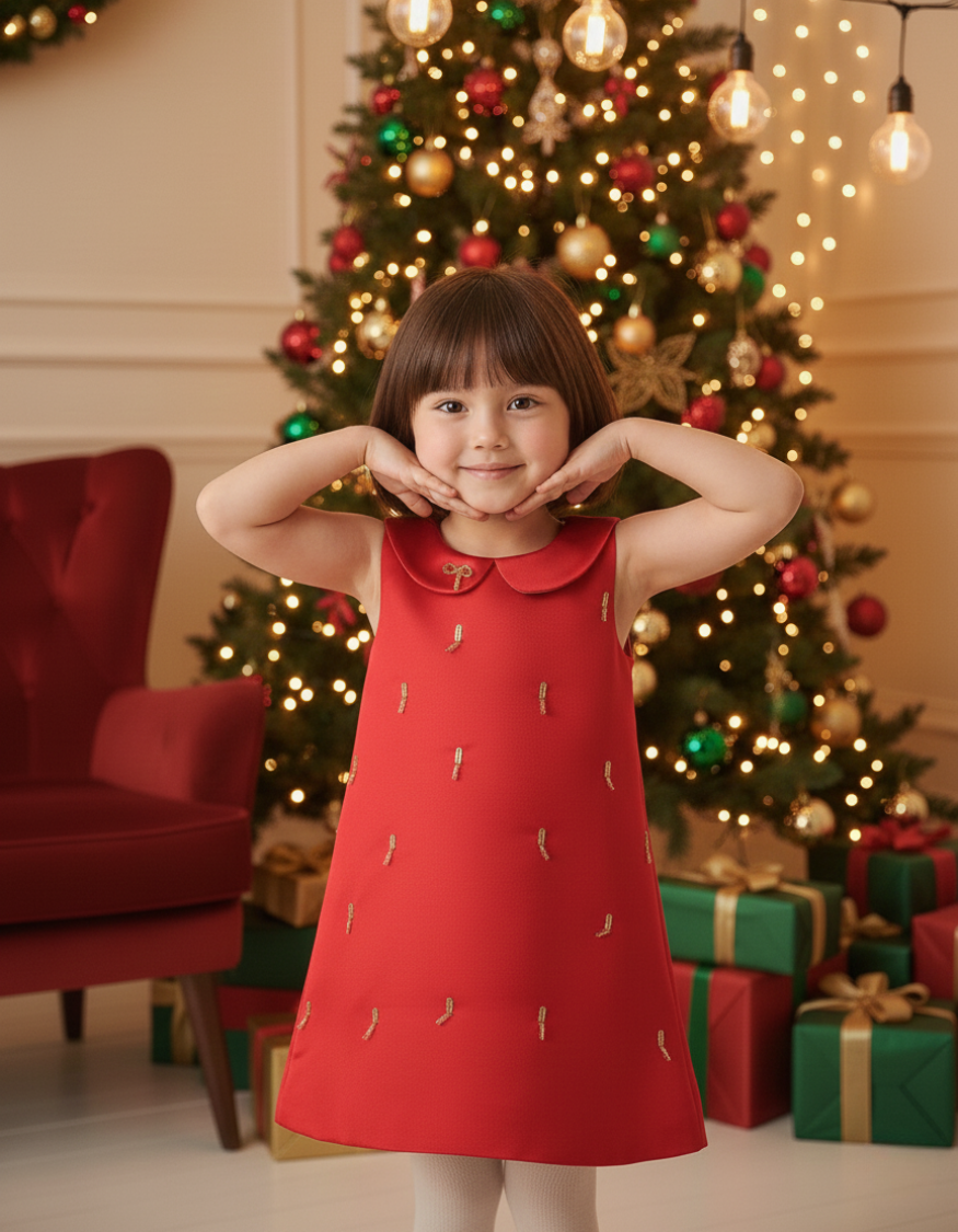 Juliet A-line Red Dress with Gold Bead Details and Bow