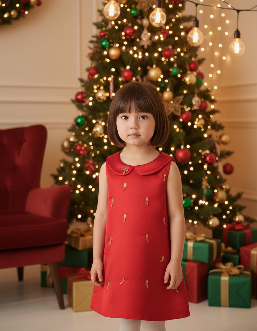 Juliet A-line Red Dress with Gold Bead Details and Bow