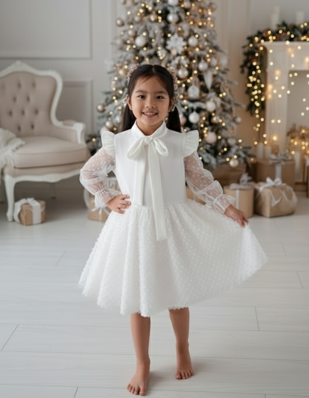 Meghan Longsleeve Bow Detail Kids & Ladies Dress