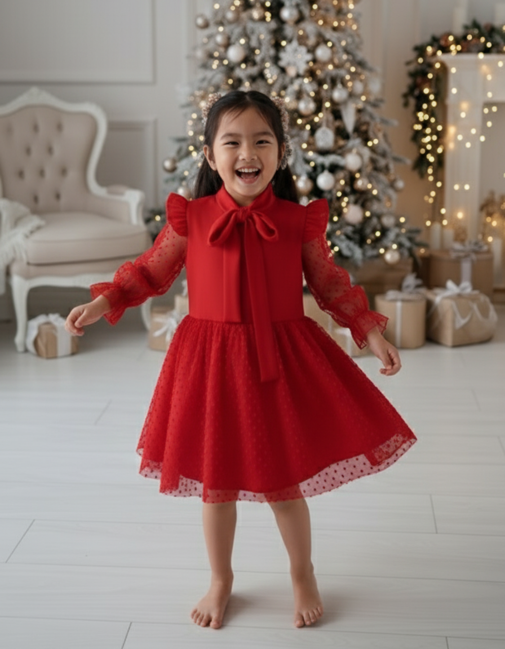 Meghan Longsleeve Bow Detail Kids & Ladies Dress