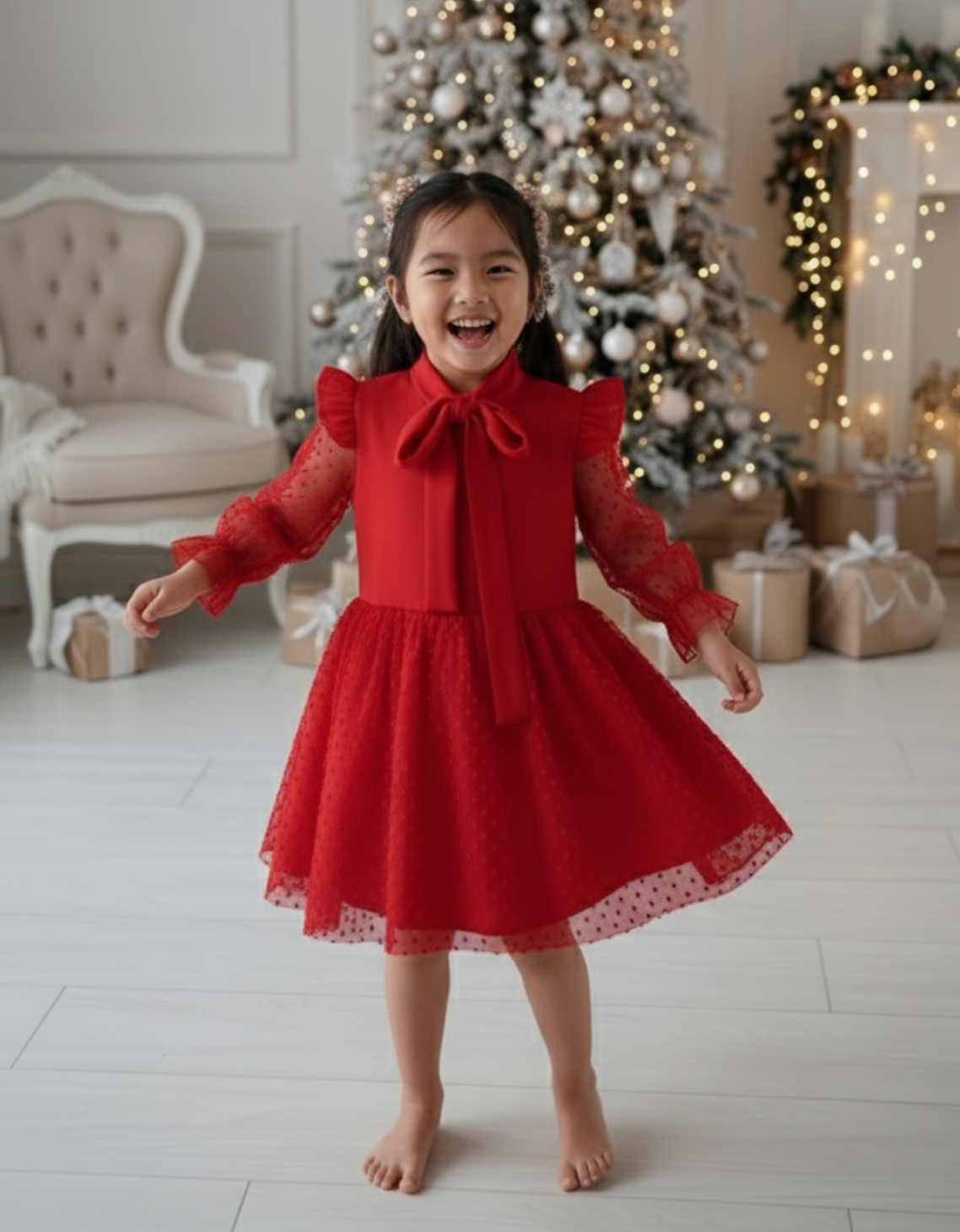 Meghan Longsleeve Bow Detail Kids & Ladies Dress
