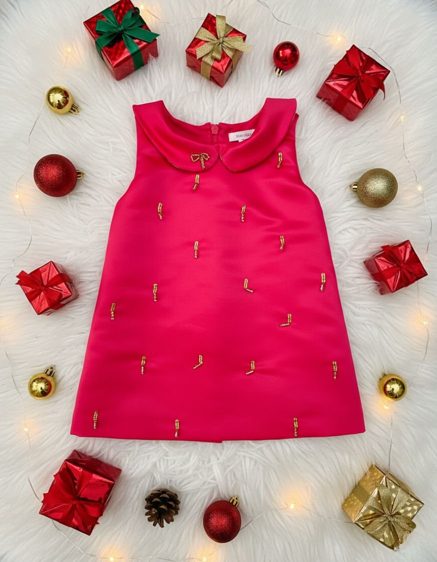 Juliet A-line Red Dress with Gold Bead Details and Bow