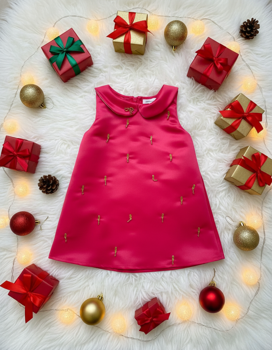 Juliet A-line Red Dress with Gold Bead Details and Bow