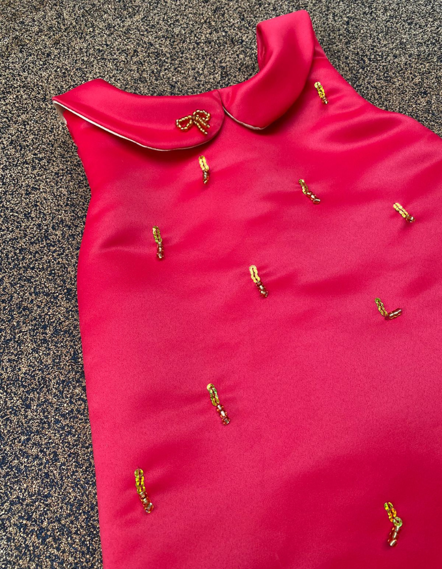 Juliet A-line Red Dress with Gold Bead Details and Bow