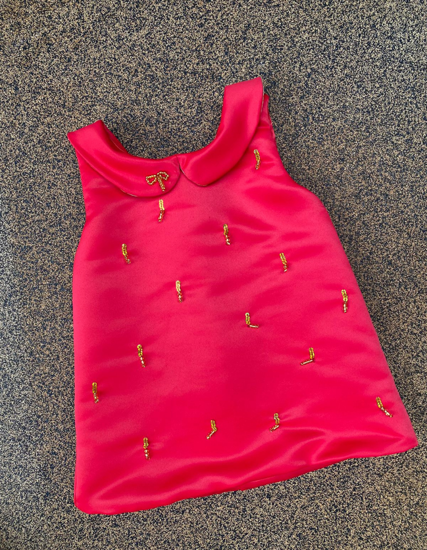 Juliet A-line Red Dress with Gold Bead Details and Bow