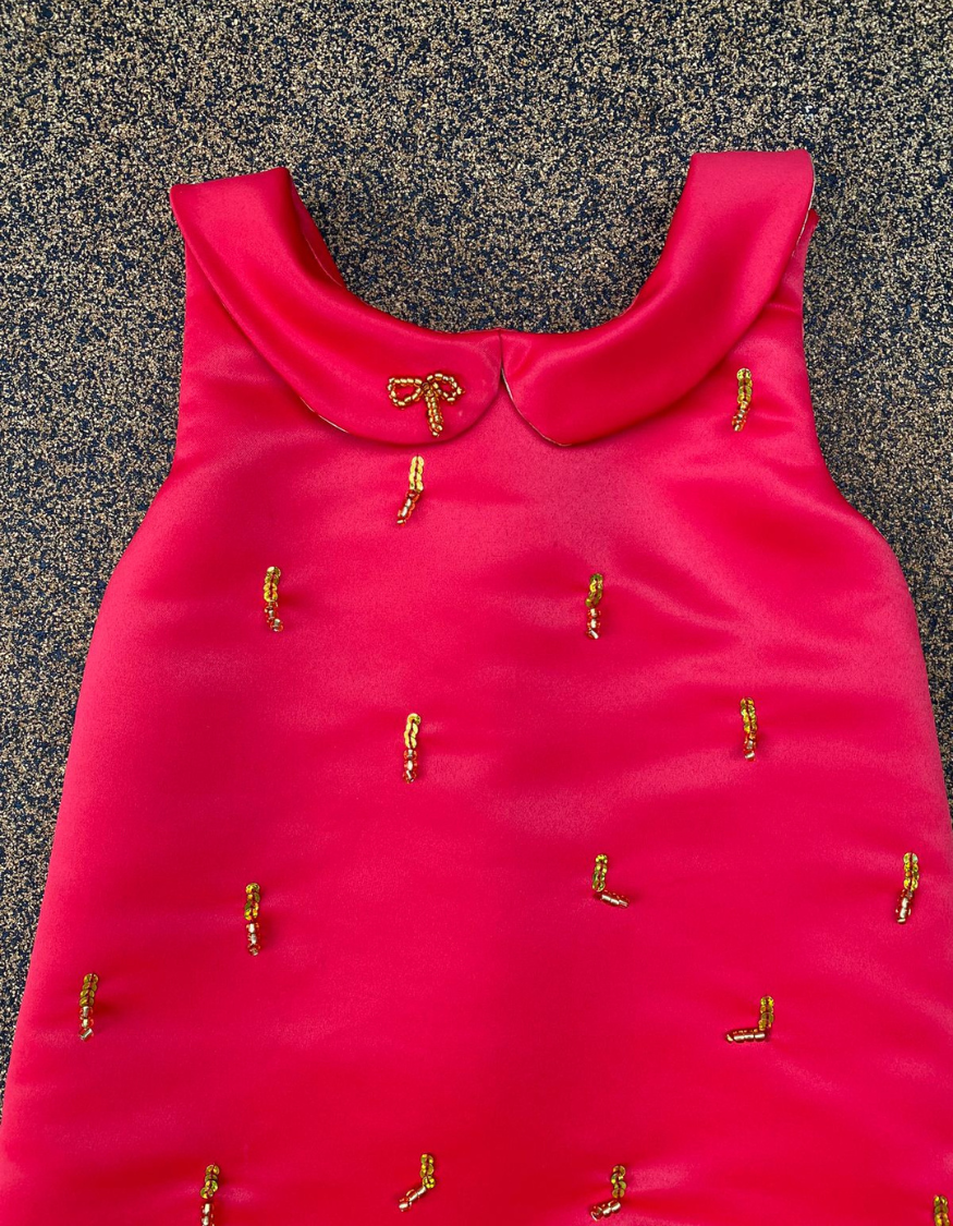 Juliet A-line Red Dress with Gold Bead Details and Bow