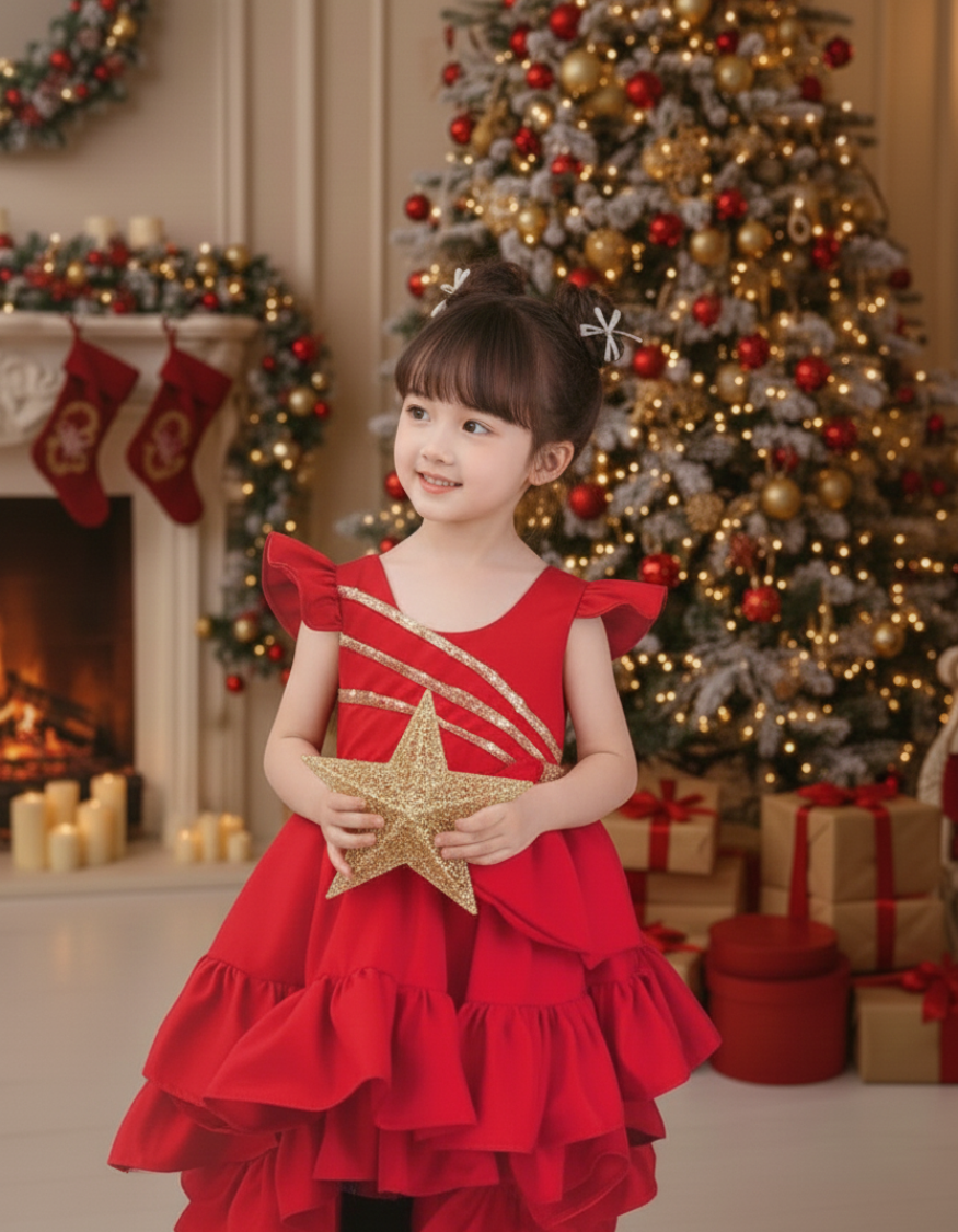 Safira Ruffle Bow Kids Dress In Red
