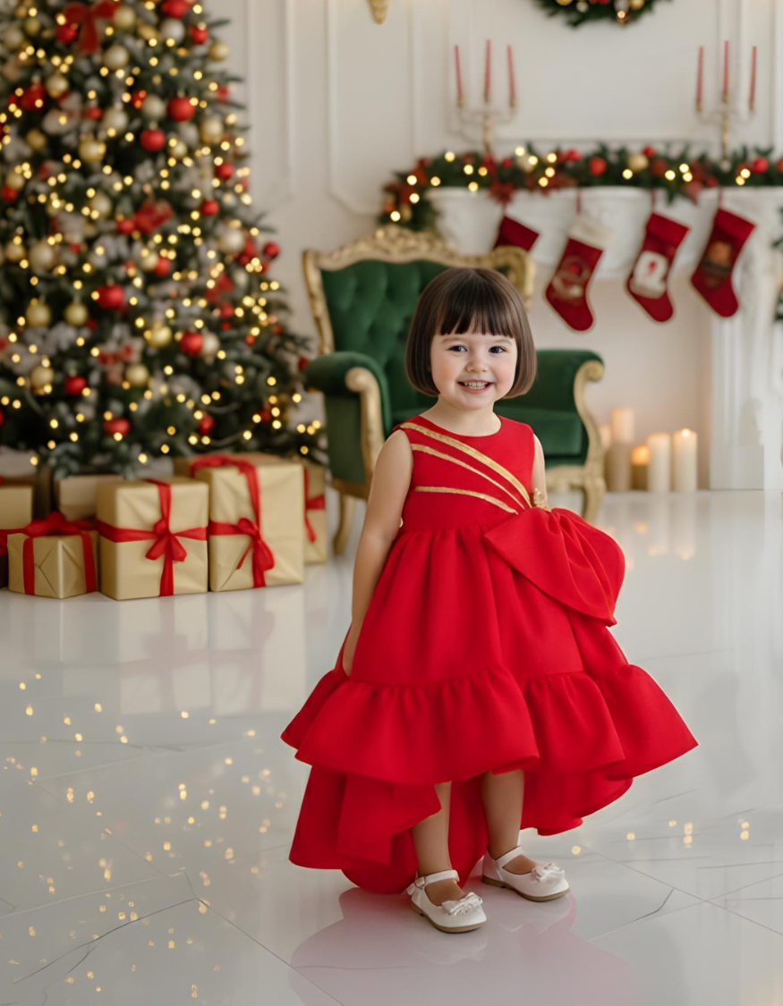 Safira Ruffle Bow Kids Dress In Red