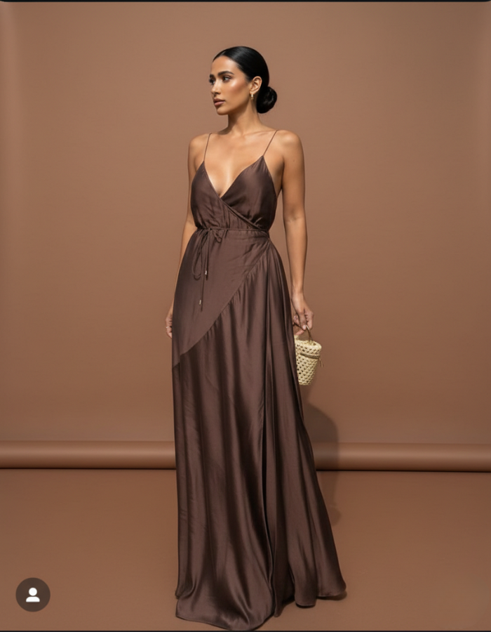 Caramel Wrap-around Maxi  Women's Assymetrical Long Dress