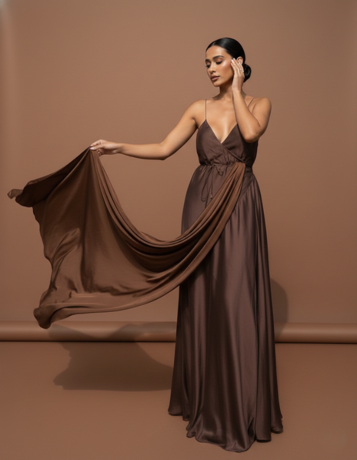 Caramel Wrap-around Maxi  Women's Assymetrical Long Dress
