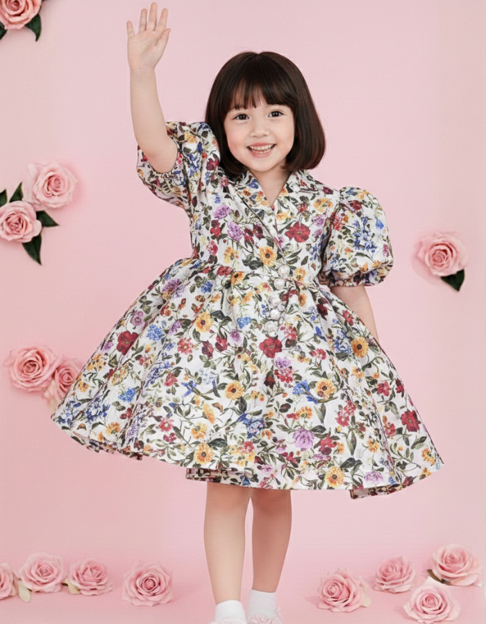 Kaila Kids Dress in wrap around with collar style | Floral and Red colors
