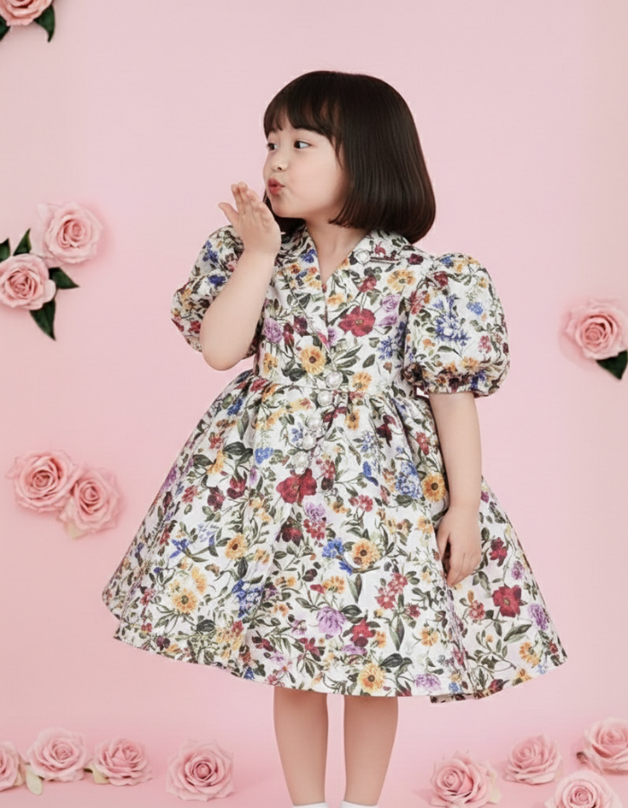 Kaila Kids Dress in wrap around with collar style | Floral and Red colors