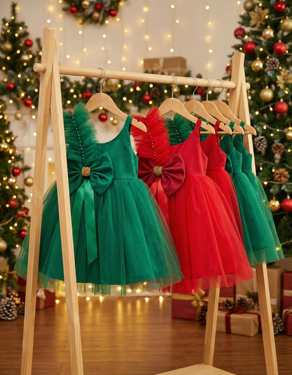 Yennefer Big Bow Tulle Dress For Kids In Red and Emerald Green Party Dress