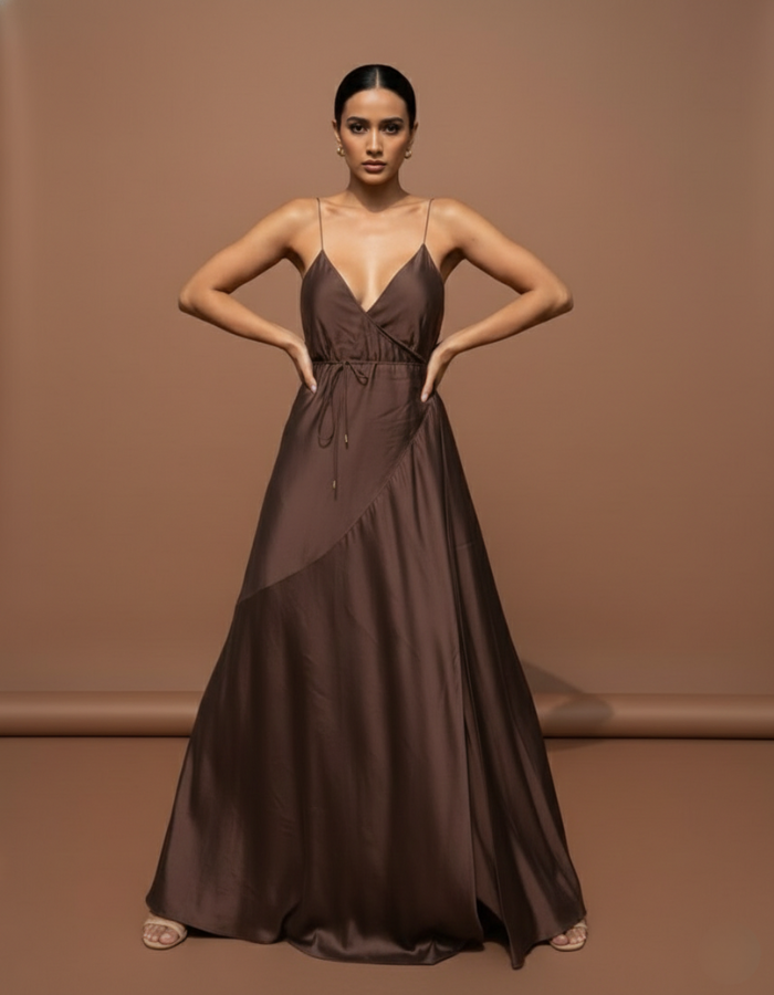 Caramel Wrap-around Maxi  Women's Assymetrical Long Dress