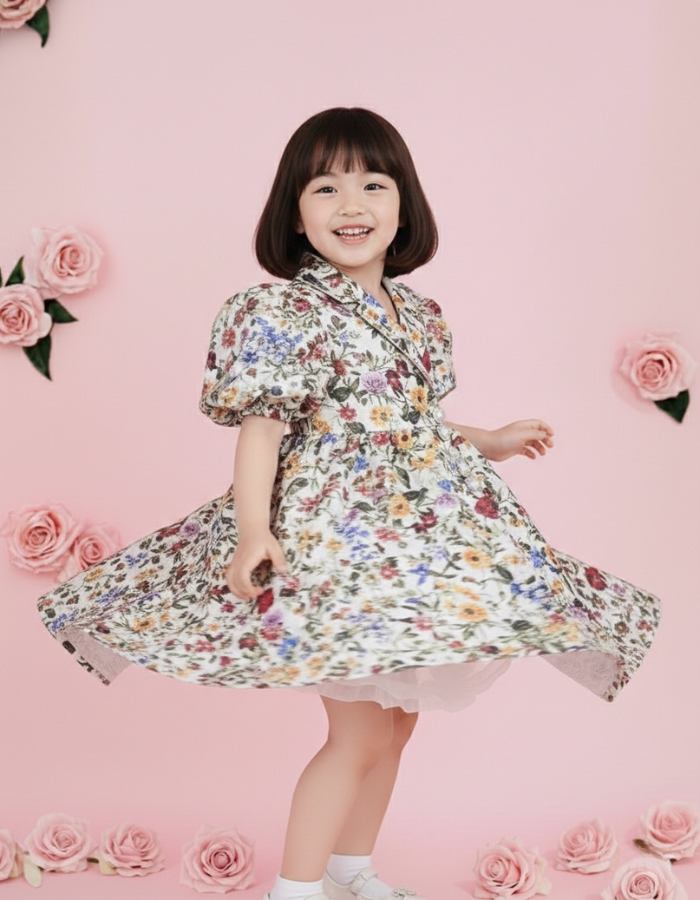 Kaila Kids Dress in wrap around with collar style | Floral and Red colors