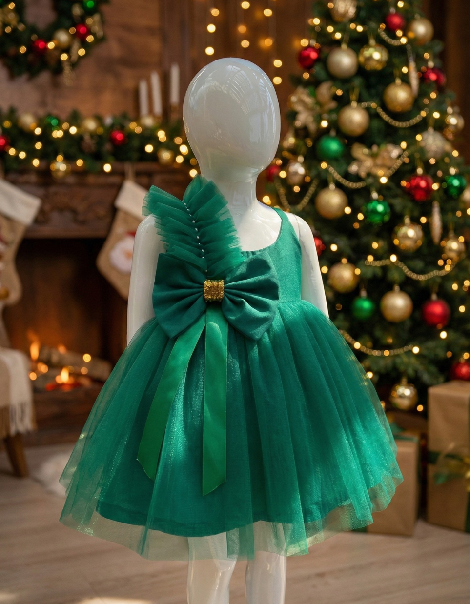 Yennefer Big Bow Tulle Dress For Kids In Red and Emerald Green Party Dress