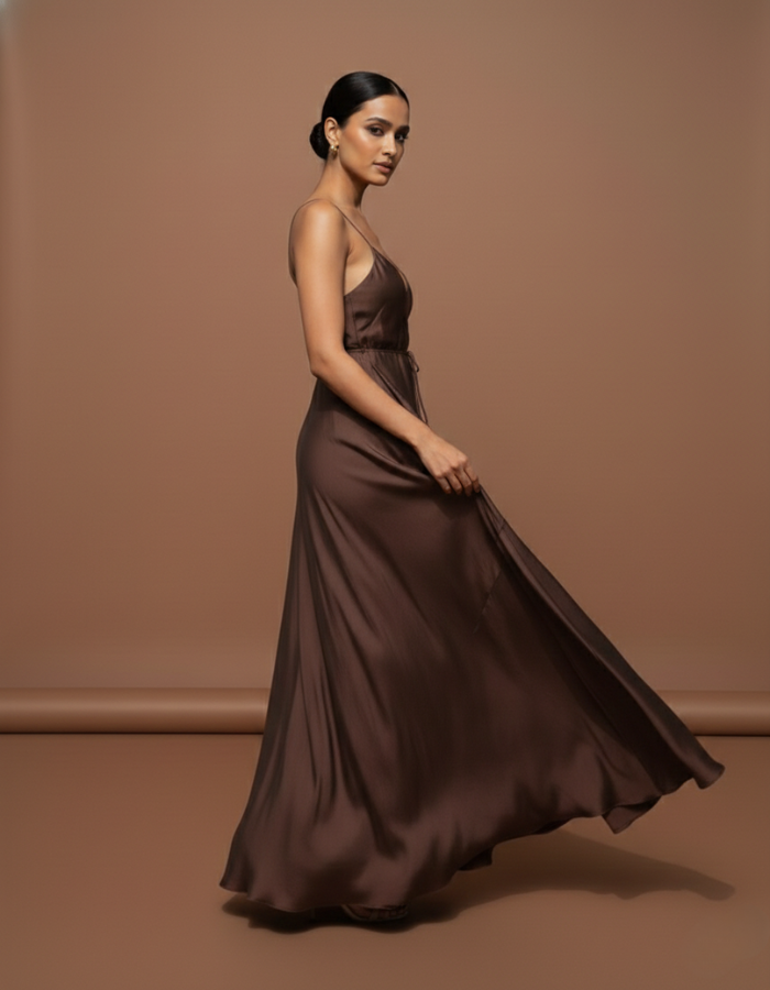 Caramel Wrap-around Maxi  Women's Assymetrical Long Dress