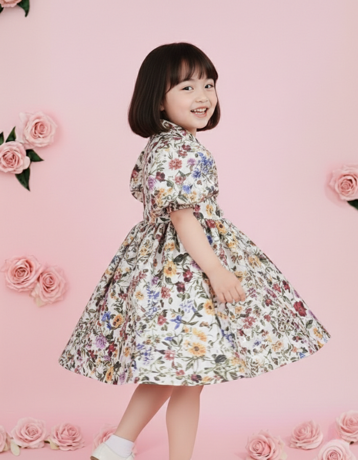 Kaila Kids Dress in wrap around with collar style | Floral and Red colors