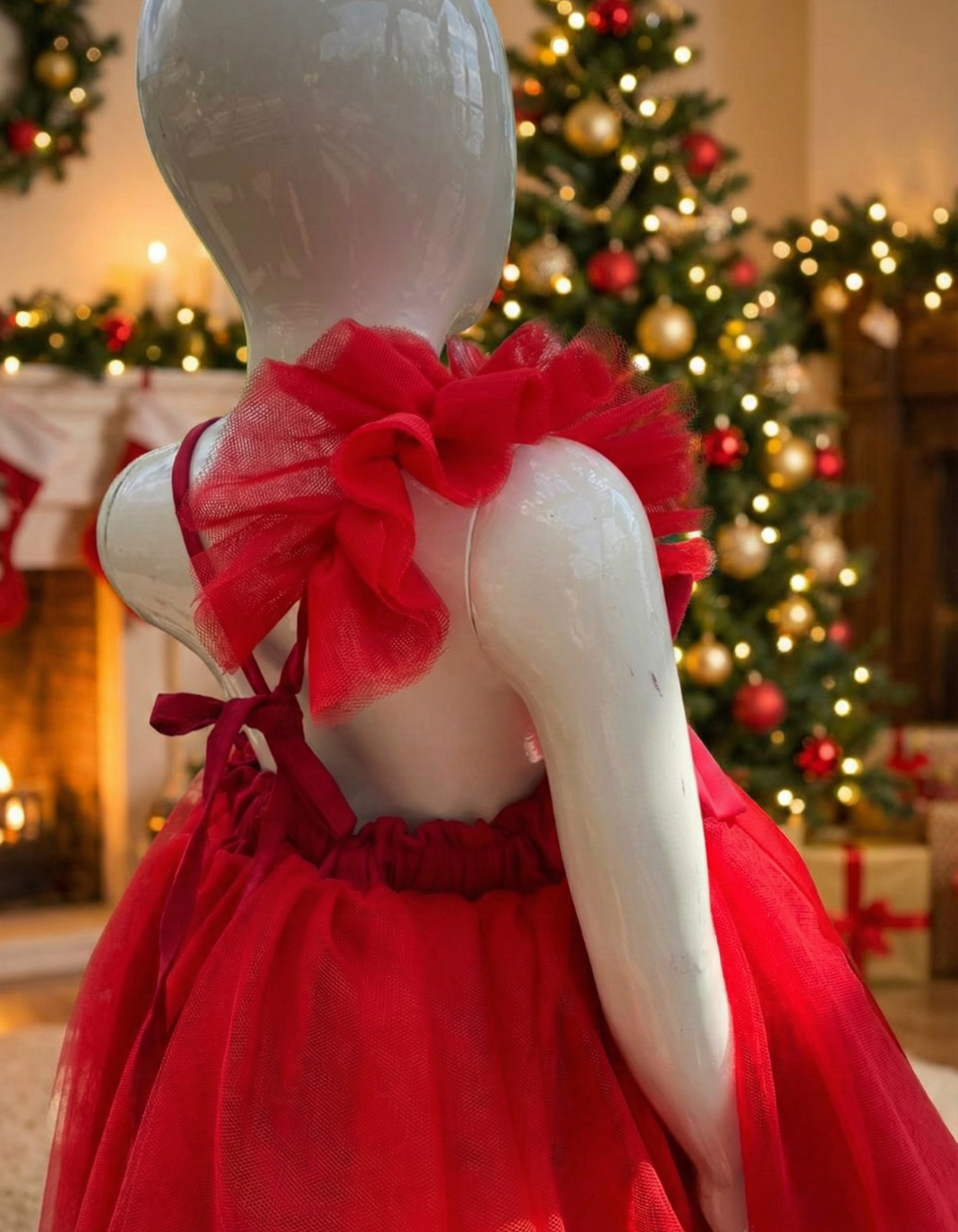 Yennefer Big Bow Tulle Dress For Kids In Red and Emerald Green Party Dress