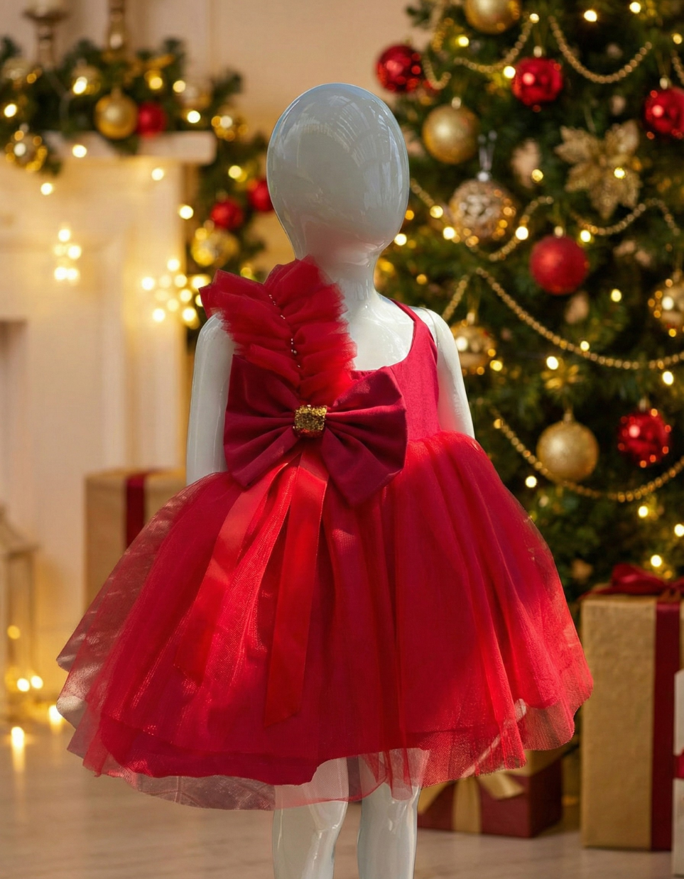 Yennefer Big Bow Tulle Dress For Kids In Red and Emerald Green Party Dress