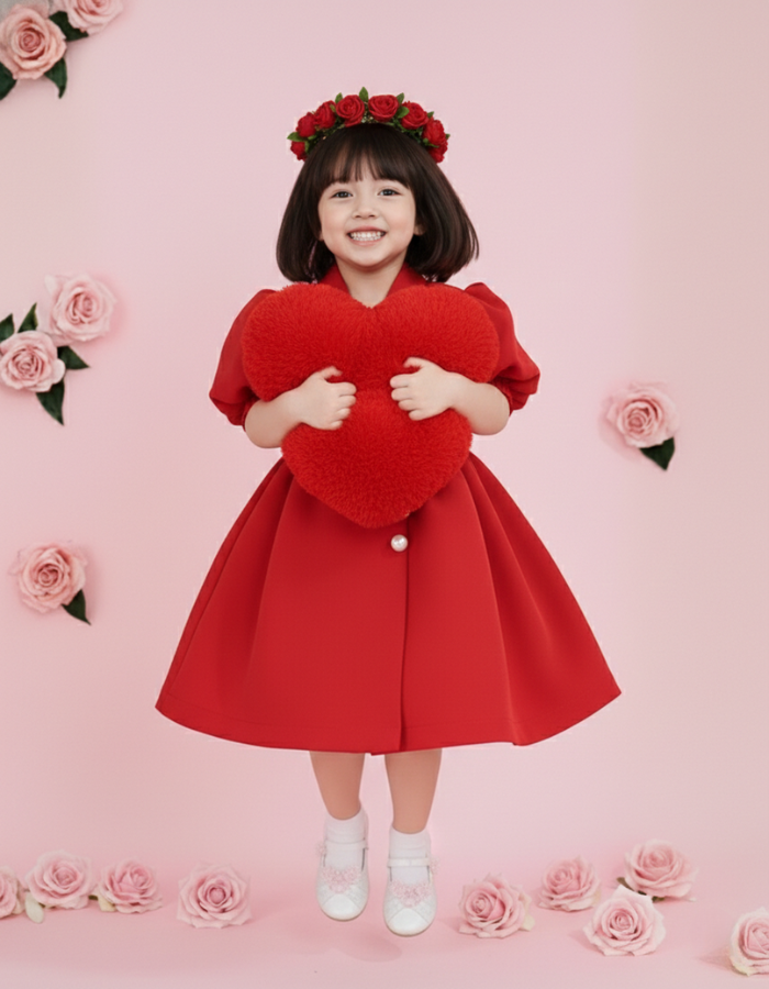 Kaila Kids Dress in wrap around with collar style | Floral and Red colors