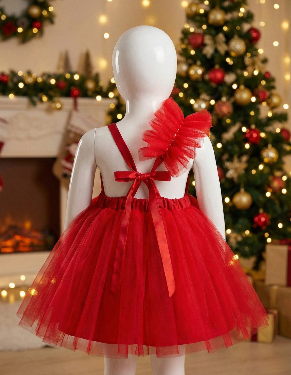 Yennefer Big Bow Tulle Dress For Kids In Red and Emerald Green Party Dress