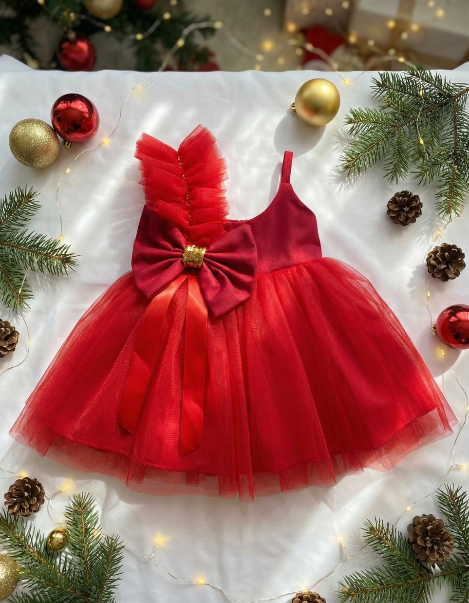 Yennefer Big Bow Tulle Dress For Kids In Red and Emerald Green Party Dress