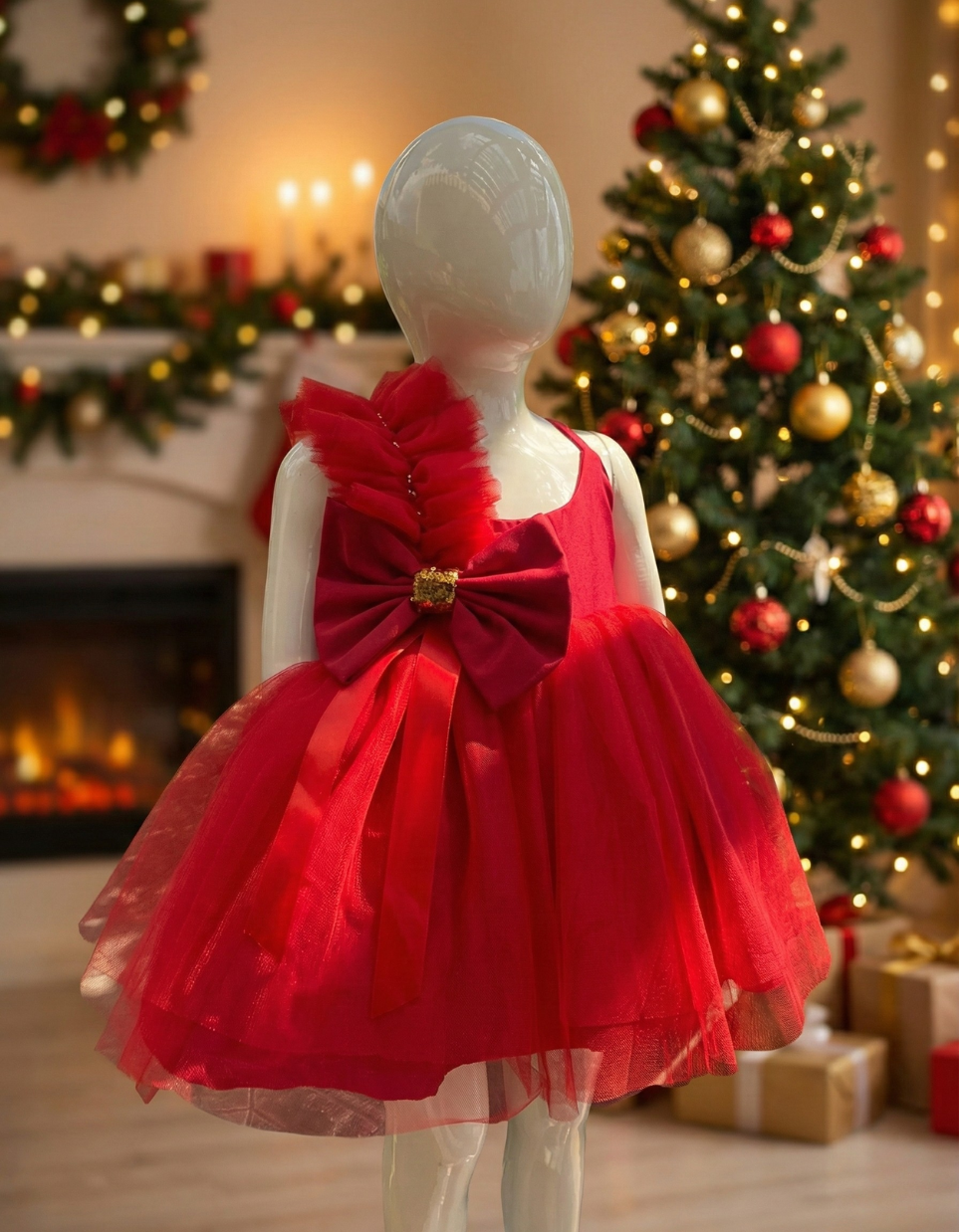 Yennefer Big Bow Tulle Dress For Kids In Red and Emerald Green Party Dress