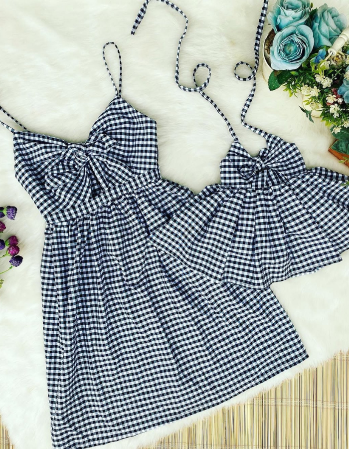 Santorini Gingham Checkerd Kids Dress Twinning Women's Dress