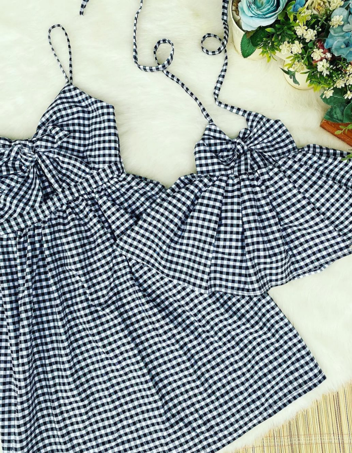 Santorini Gingham Checkerd Kids Dress Twinning Women's Dress