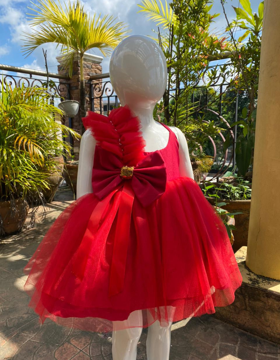 Yennefer Big Bow Tulle Dress For Kids In Red and Emerald Green Party Dress