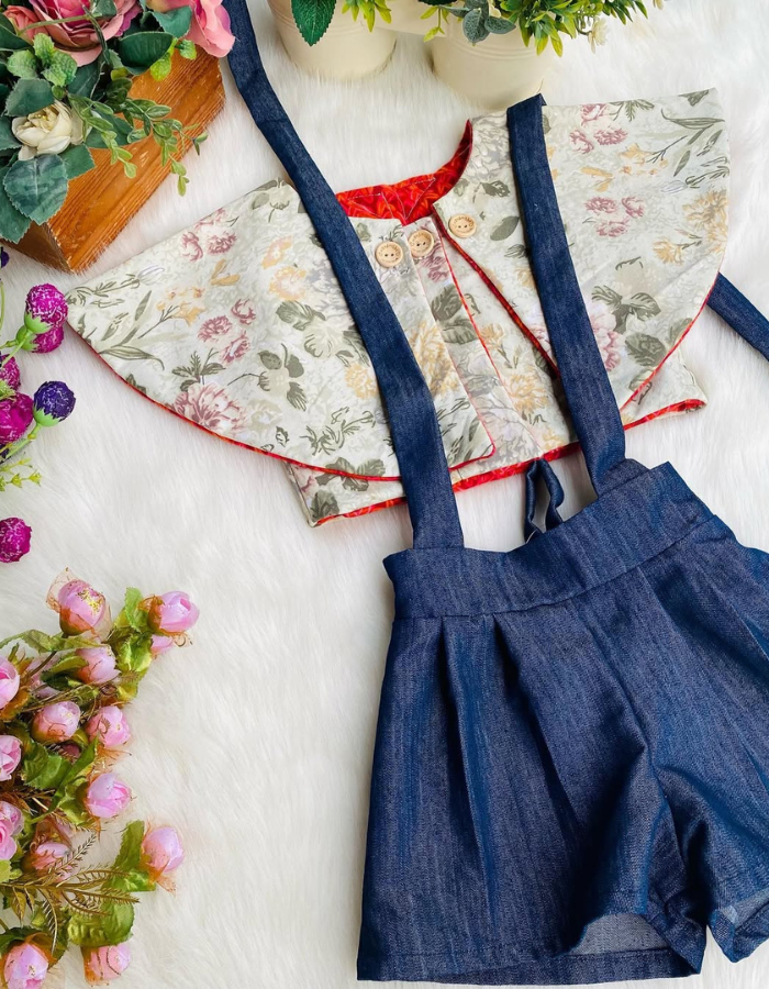 Ruru capelet Top with Cape & Evvie Suspender Vintage Shorts Kids Set