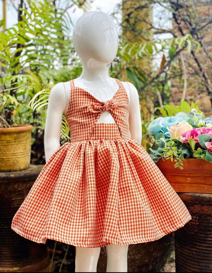 Santorini Gingham Checkerd Kids Dress Twinning Women's Dress
