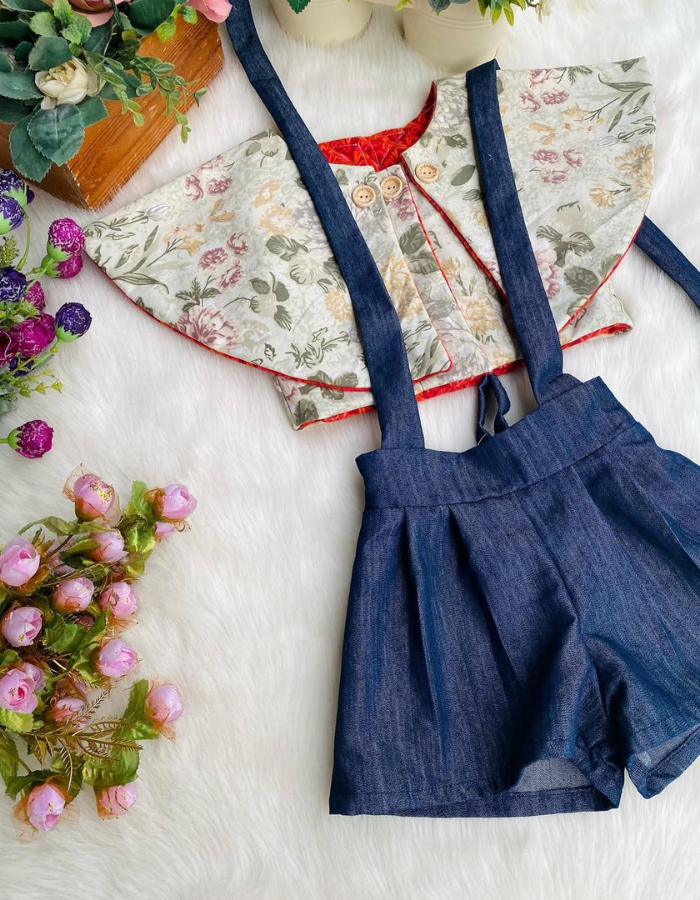 Ruru capelet Top with Cape & Evvie Suspender Vintage Shorts Kids Set