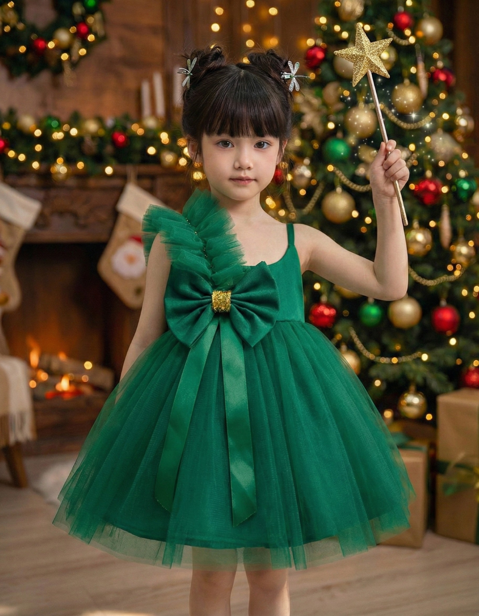 Yennefer Big Bow Tulle Dress For Kids In Red and Emerald Green Party Dress