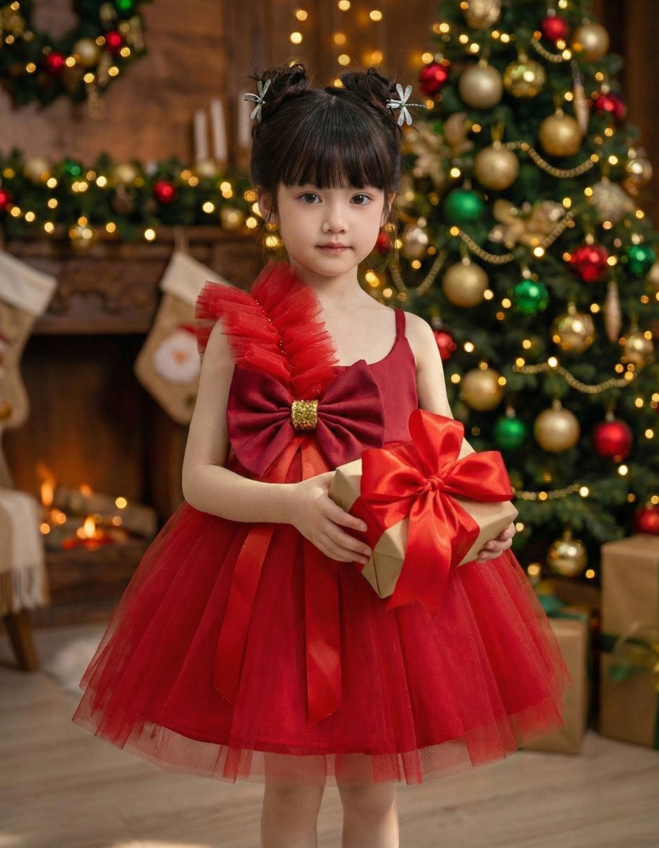 Yennefer Big Bow Tulle Dress For Kids In Red and Emerald Green Party Dress