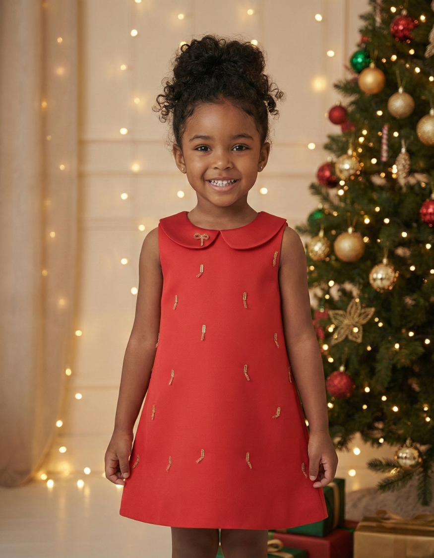 Juliet A-line Red Dress with Gold Bead Details and Bow