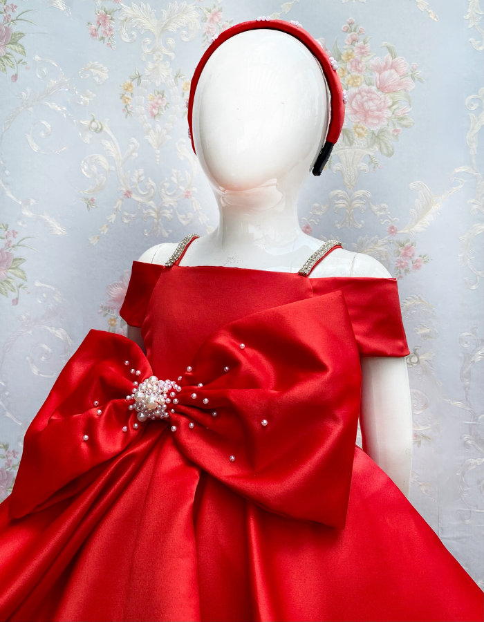 Iona Midi Length Bow Kids Gown with Pearls