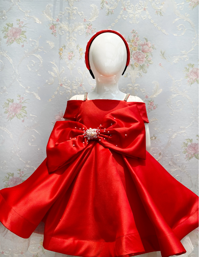 Iona Midi Length Bow Kids Gown with Pearls
