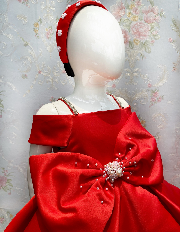 Iona Midi Length Bow Kids Gown with Pearls