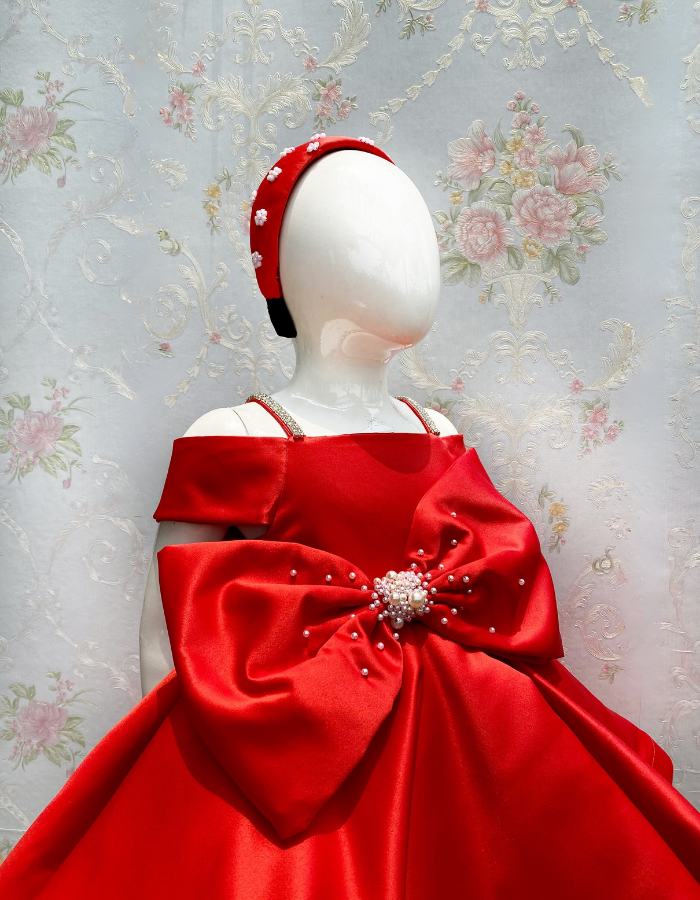 Iona Midi Length Bow Kids Gown with Pearls