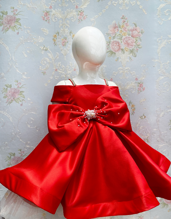 Iona Midi Length Bow Kids Gown with Pearls