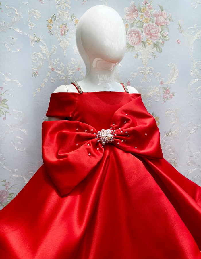 Iona Midi Length Bow Kids Gown with Pearls