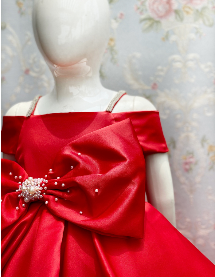 Iona Midi Length Bow Kids Gown with Pearls